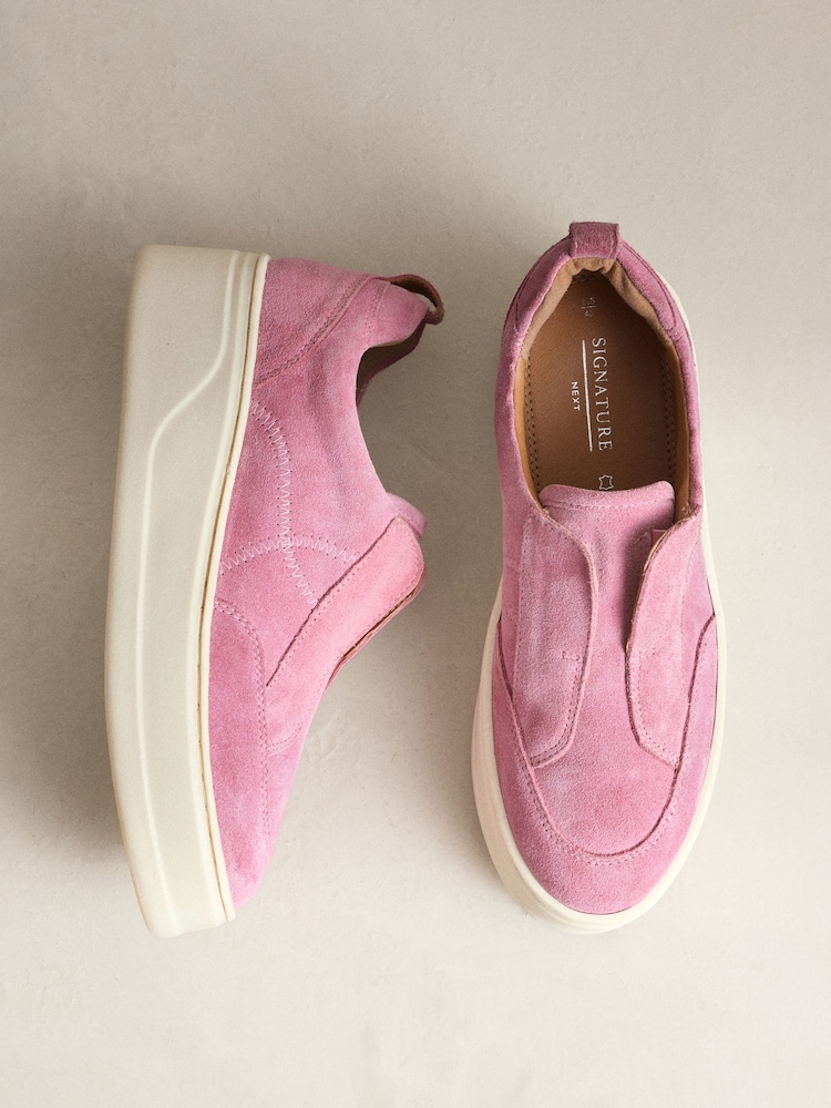 Pink Suede Signature Leather Chunky Wedge Platform Trainers - Image 1 of 5 Pink Suede Signature Leather Chunky Wedge Platform Trainers - Image 1 of 5