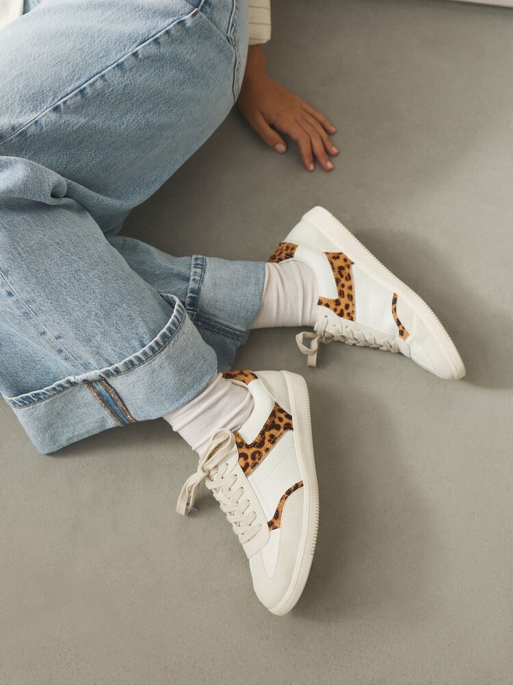 White/Leopard Lace-Up Trainers - Image 1 of 9 White/Leopard Lace-Up Trainers - Image 1 of 9