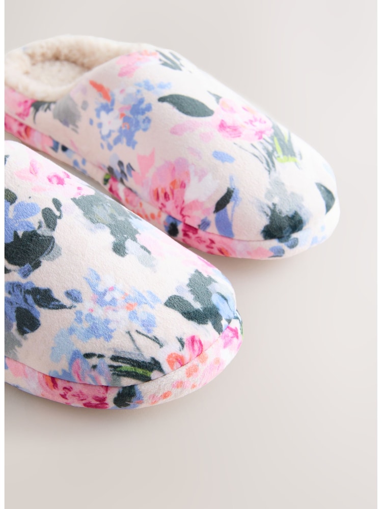 Pink Floral Plush Mule Slippers - Image 2 of 5