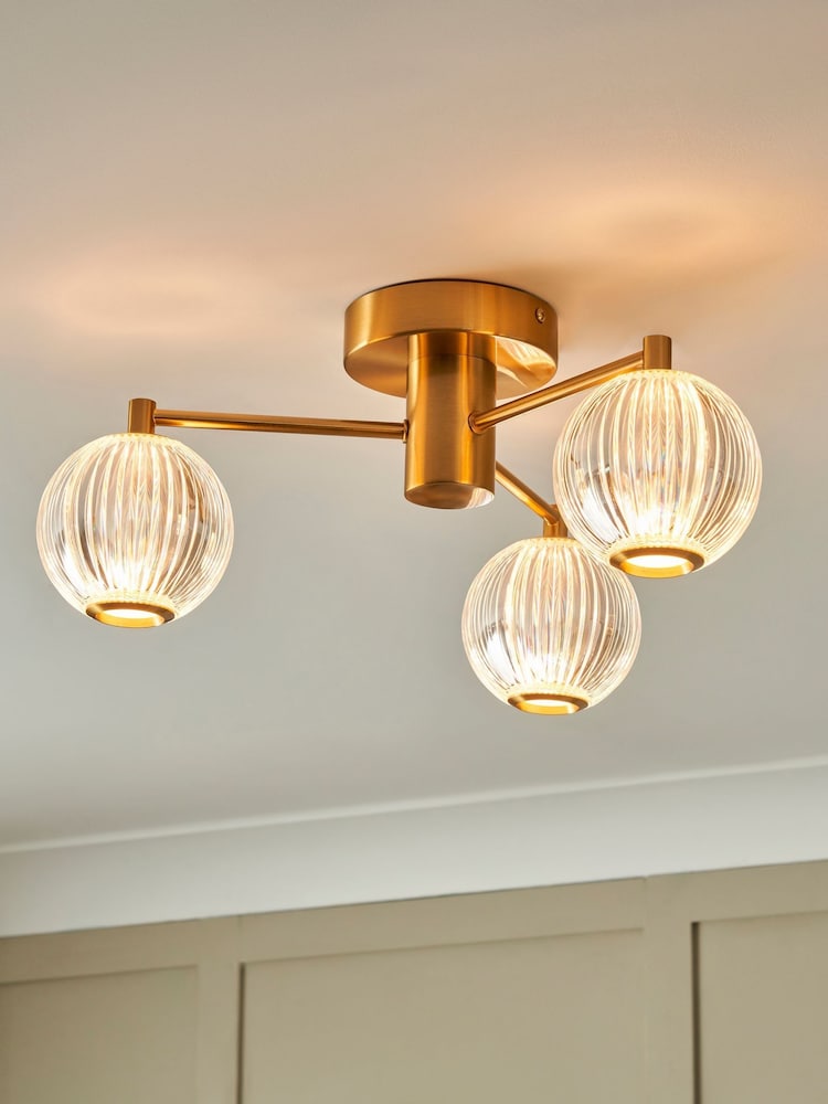 BHS Warm Brass Clear Rimi Acrylic Ball 3 Light Semi Flush Ceiling Flush - Image 1 of 7