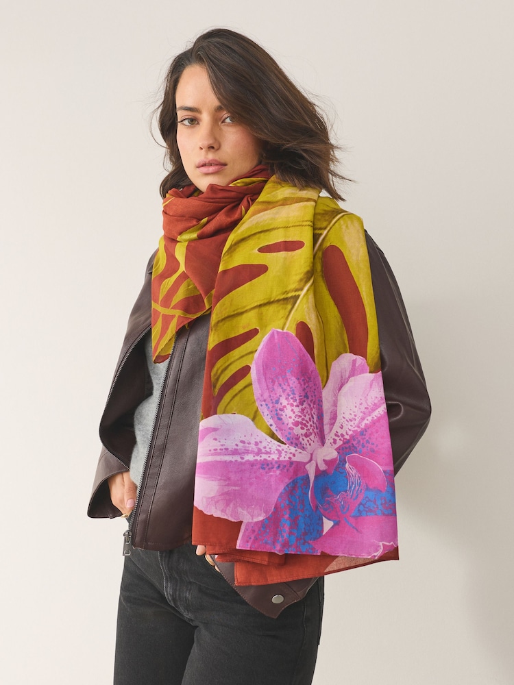 Rust Tropical Print Lightweight Scarf - Image 1 of 6