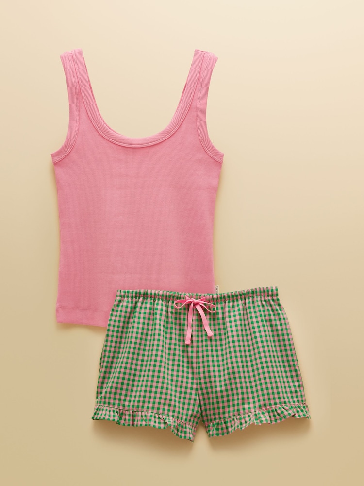 粉紅色和綠色 - Joules Jersey Vest and Shorts Pyjama Set with Packable Travel Bag - 圖片 9/9