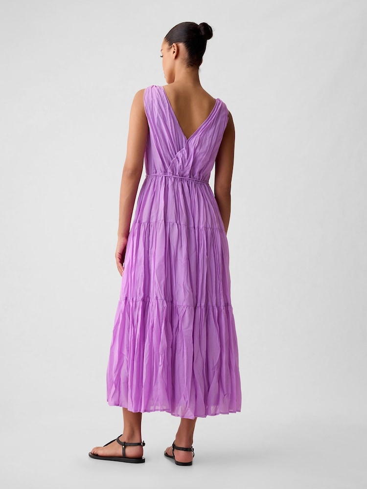 Gap Purple Pleated Tiered V Neck Midi Dress - Image 2 of 5