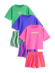 Pink/Green Bright Wavy Print Short Pyjamas 3 Pack (3-16yrs) - Image 1 of 4