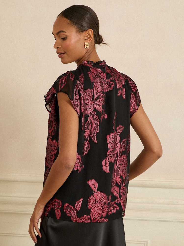 Love & Roses Black Floral Metallic Crew Neck Shell Top - Image 4 of 4 Love & Roses Black Floral Metallic Crew Neck Shell Top - Image 4 of 4