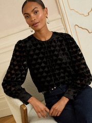 Love & Roses Black Heart Crew Neck Long Sleeve Burnout Blouse - Image 1 of 4