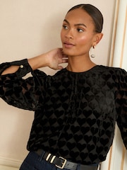 Love & Roses Black Heart Crew Neck Long Sleeve Burnout Blouse - Image 2 of 4