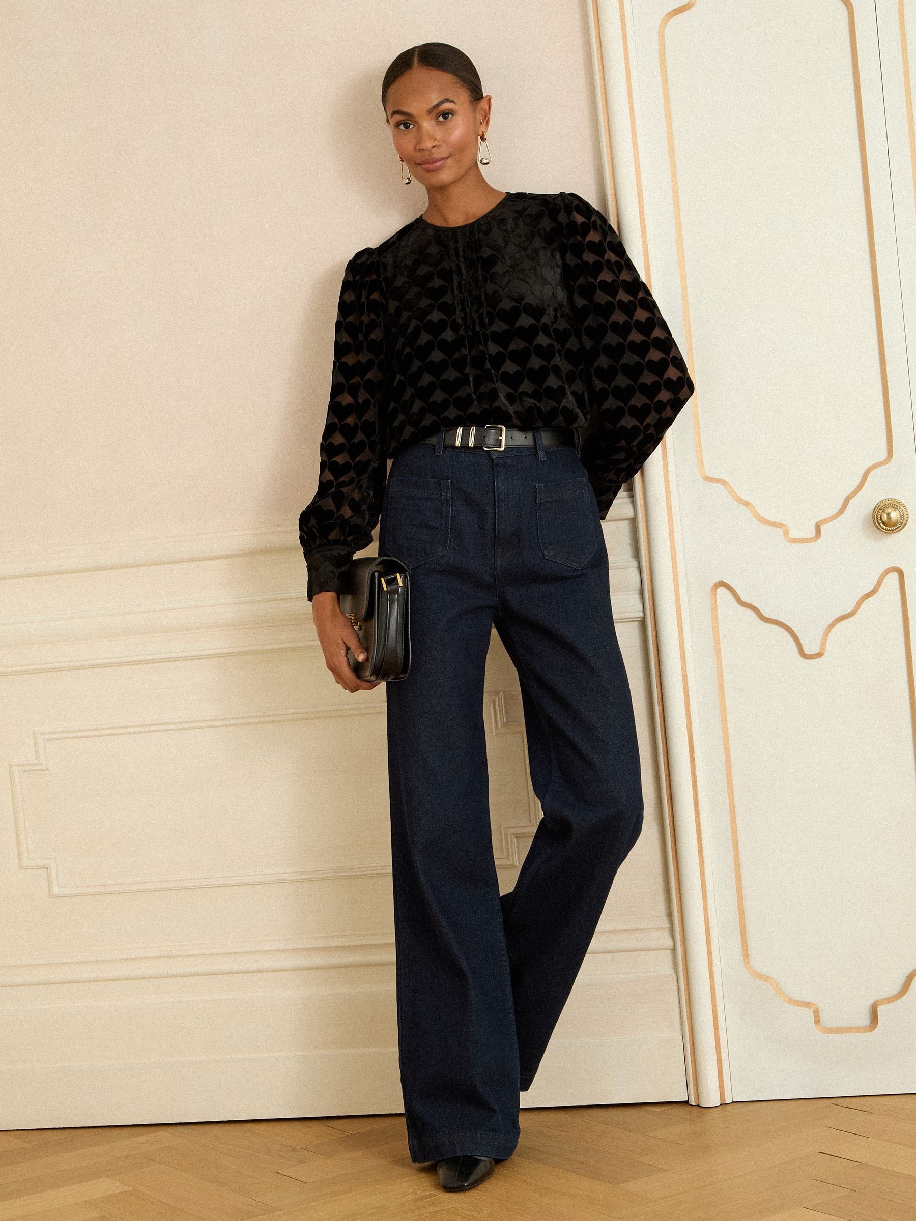 Buy Love & Roses Black Heart Crew Neck Long Sleeve Burnout Blouse