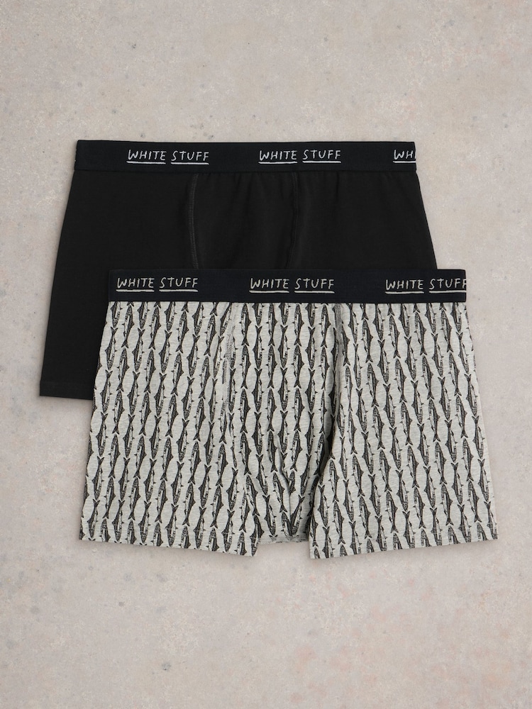 White Stuff Black Hove Print & Plain Boxers 2 Pack - Image 1 of 3