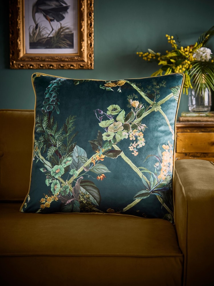 Laurence Llewelyn-Bowen Green Cotswold Fantasia Dawn Velvet Filled Cushion - Image 1 of 5