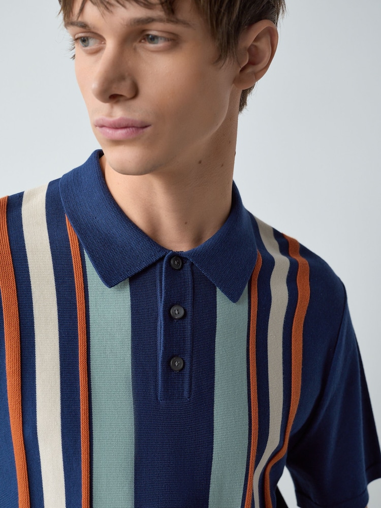 Navy Blue Regular Fit Cotton Rich Short Sleeve Stripe Knit Polo Shirt - Image 1 of 4