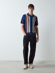 Navy Blue Regular Fit Cotton Rich Short Sleeve Stripe Knit Polo Shirt - Image 2 of 4