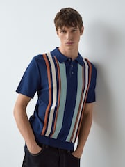 Navy Blue Regular Fit Cotton Rich Short Sleeve Stripe Knit Polo Shirt - Image 4 of 4