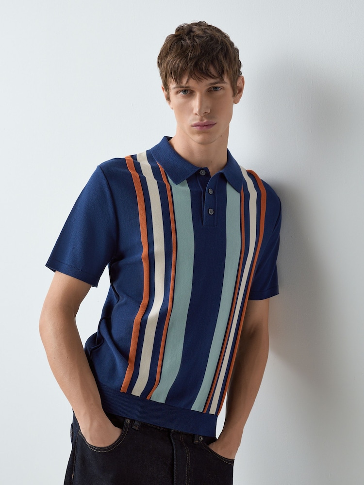 Navy Blue Regular Fit Cotton Rich Short Sleeve Stripe Knit Polo Shirt - Image 4 of 4