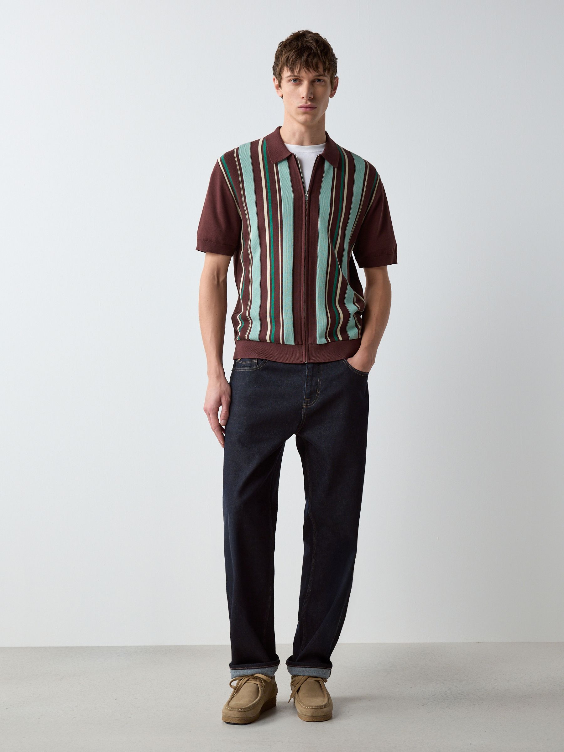 Buy Red Short Sleeve Stripe Zip Through Knitted Shirt from Next
