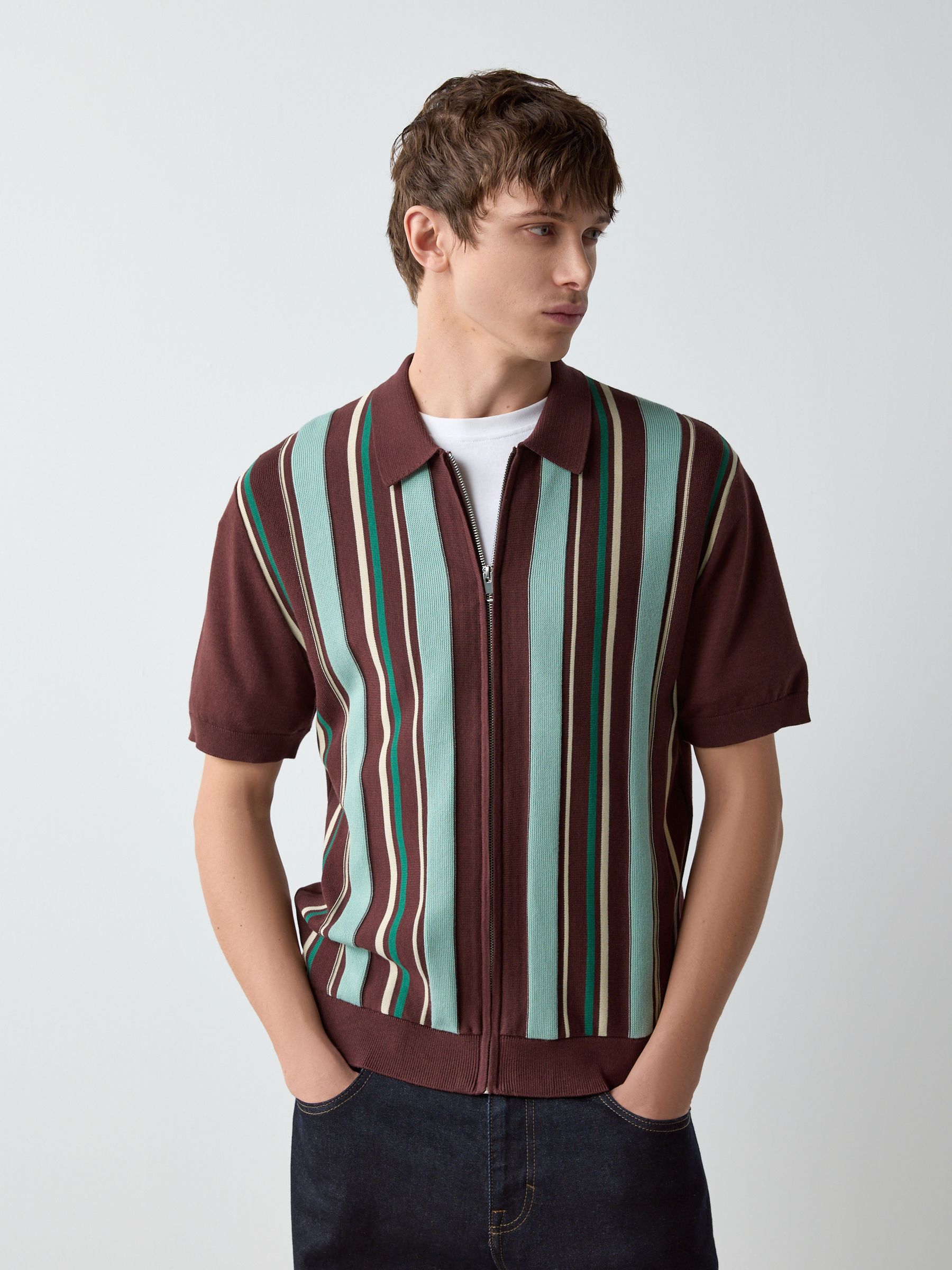Buy Red Short Sleeve Stripe Zip Through Knitted Shirt from Next USA