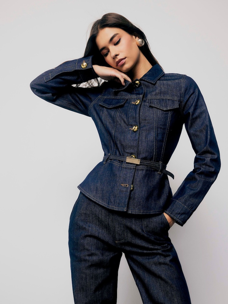 River Island Blue Denim Belted Peplum Jacket - Image 1 of 4