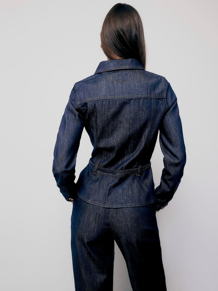 River Island Blue Denim Belted Peplum Jacket - Image 2 of 4