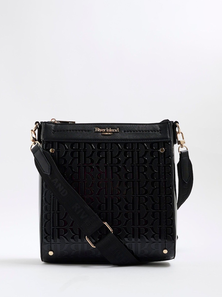 River Island Black Patent Monogram Messenger Bag - Image 1 of 6