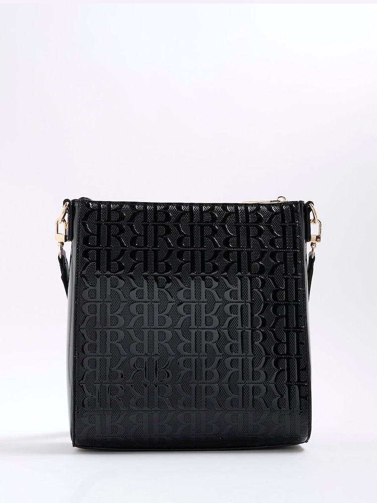 River Island Black Patent Monogram Messenger Bag - Technical View