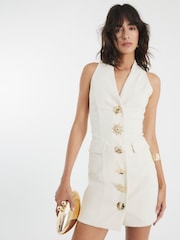 River Island Cream Button Detail Plunge Mini Dress - Image 1 of 4
