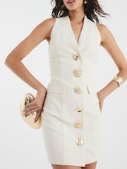 River Island Cream Button Detail Plunge Mini Dress - Image 3 of 4