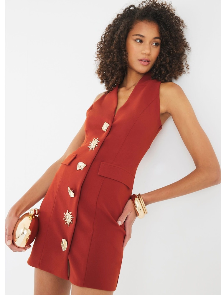 River Island Orange Button Detail Plunge Mini Dress - Image 4 of 4 River Island Orange Button Detail Plunge Mini Dress - Image 4 of 4