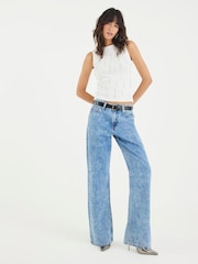River Island Blue Relaxed High Rise Belted Straight Leg Jeans - Image 1 of 4