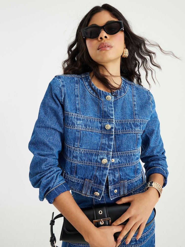 River Island Blue Panelled Denim Jacket - Image 1 of 4