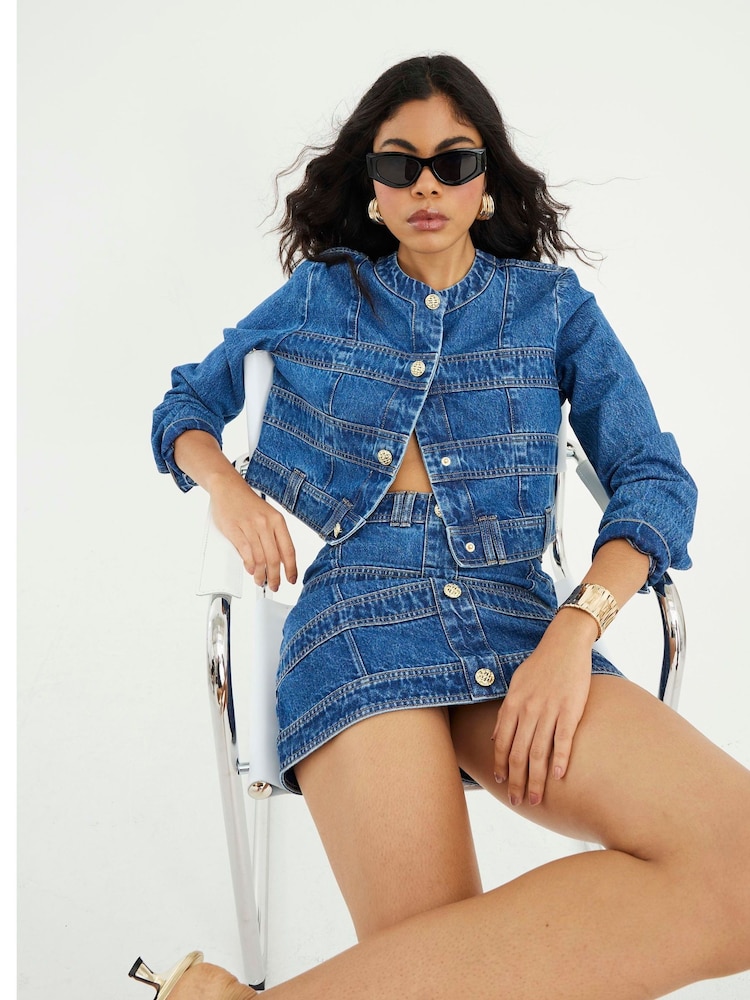 River Island Blue Panelled Denim Jacket - Image 1 of 8