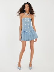 River Island Blue Denim Bandeau Pleated Mini Dress - Image 3 of 4