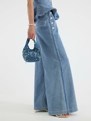 River Island Blue High Rise Diamante Palazzo Jeans - Image 3 of 4