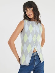 River Island Grey Argyle Knitted Waistcoat - Image 1 of 5