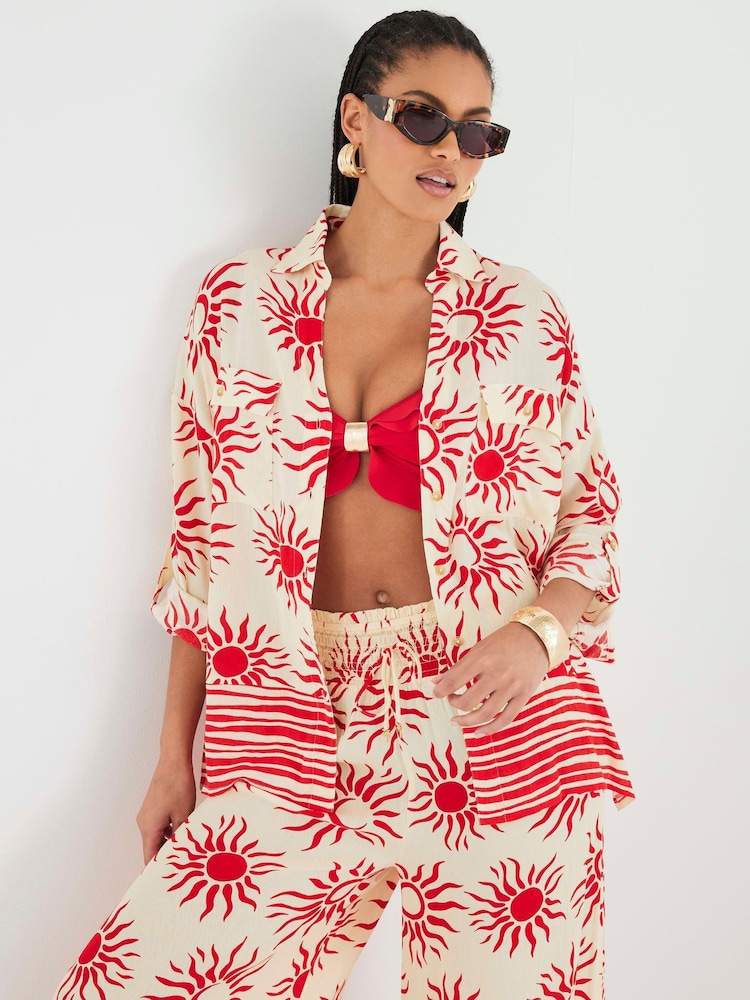 River Island Cream Oversized Sun Print Beach Shirt - Image 1 of 4