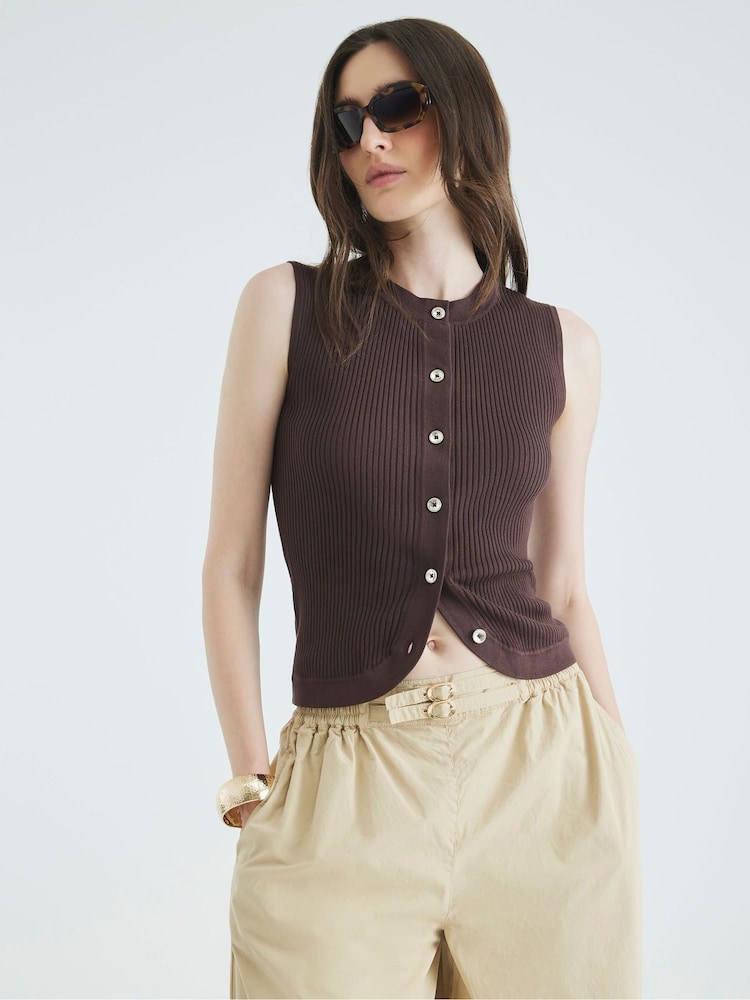 River Island Brown Contrast Button Front Rib vests - Image 1 of 4 River Island Brown Contrast Button Front Rib vests - Image 1 of 4