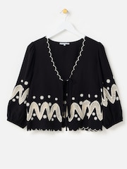 Oliver Bonas Black Cutwork Embroidered Tie Front Blouse - Image 1 of 6