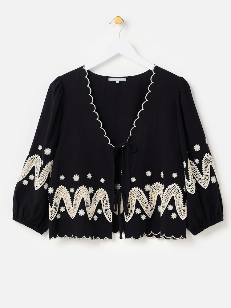 Oliver Bonas Black Cutwork Embroidered Tie Front Blouse - Image 1 of 6