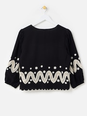 Oliver Bonas Black Cutwork Embroidered Tie Front Blouse - Image 2 of 6