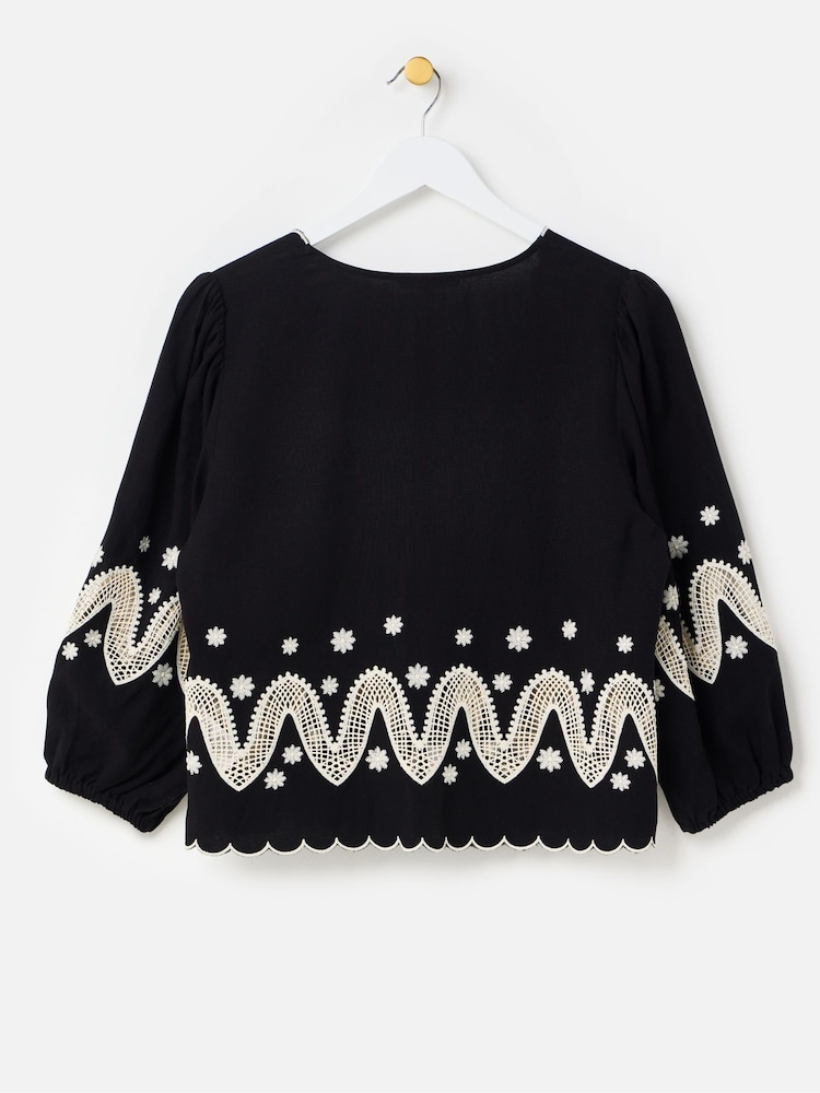 Oliver Bonas Black Cutwork Embroidered Tie Front Blouse - Image 2 of 6