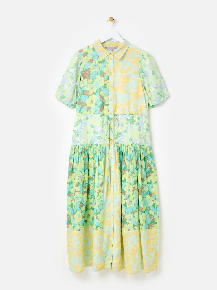 Oliver Bonas Green Floral Print Tiered Midi Shirt Dress - Image 1 of 6