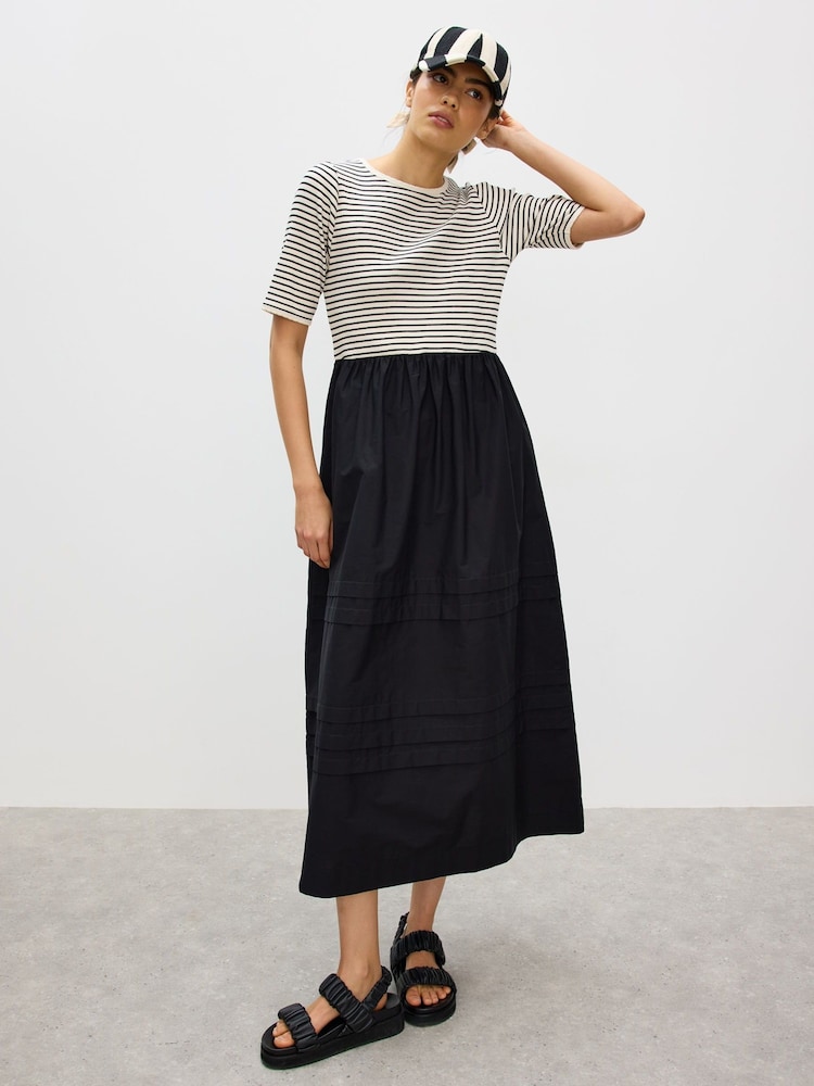 Oliver Bonas Black Striped Short Sleeve Midi Dress - Image 1 of 6