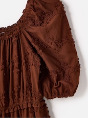 Oliver Bonas Brown 3D Floral Print Broderie Bardot Midi Dress - Image 7 of 9
