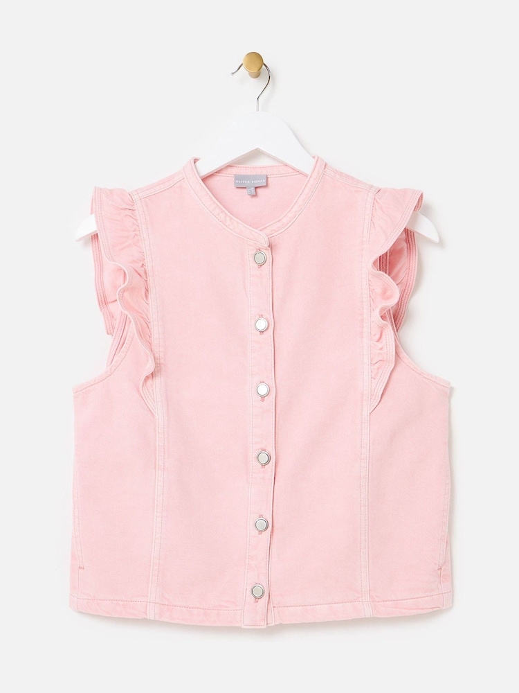 Oliver Bonas Pink Washed Frill Sleeve Denim Waistcoat - Image 1 of 6