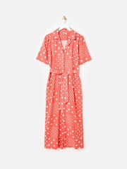 Oliver Bonas Pink Spot Print Tie Waist Linen Blend Jumpsuit - Image 1 of 6