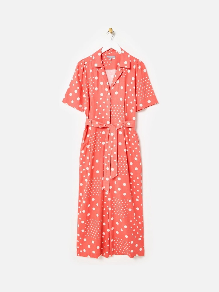 Oliver Bonas Pink Spot Print Tie Waist Linen Blend Jumpsuit - Image 1 of 6