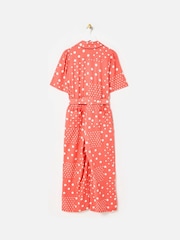 Oliver Bonas Pink Spot Print Tie Waist Linen Blend Jumpsuit - Image 2 of 6