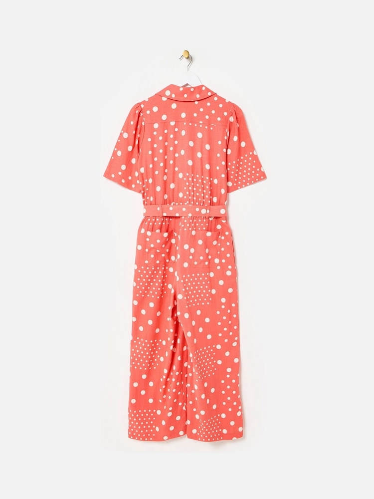 Oliver Bonas Pink Spot Print Tie Waist Linen Blend Jumpsuit - Image 2 of 6