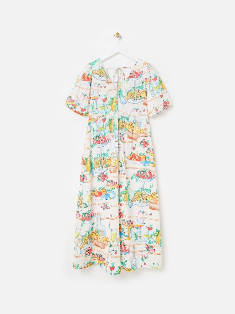 Oliver Bonas White Floral Print Embroidered Fruit Print Puff Sleeve Midi Dress - Image 1 of 5