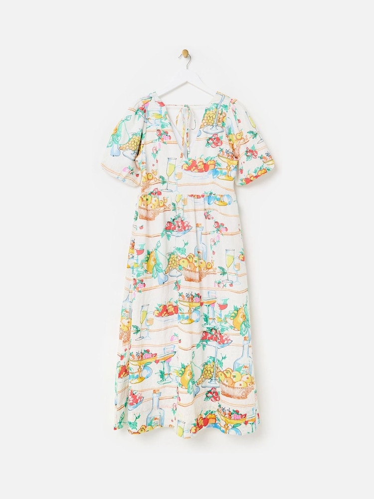 Oliver Bonas White Floral Print Embroidered Fruit Print Puff Sleeve Midi Dress - Image 2 of 5