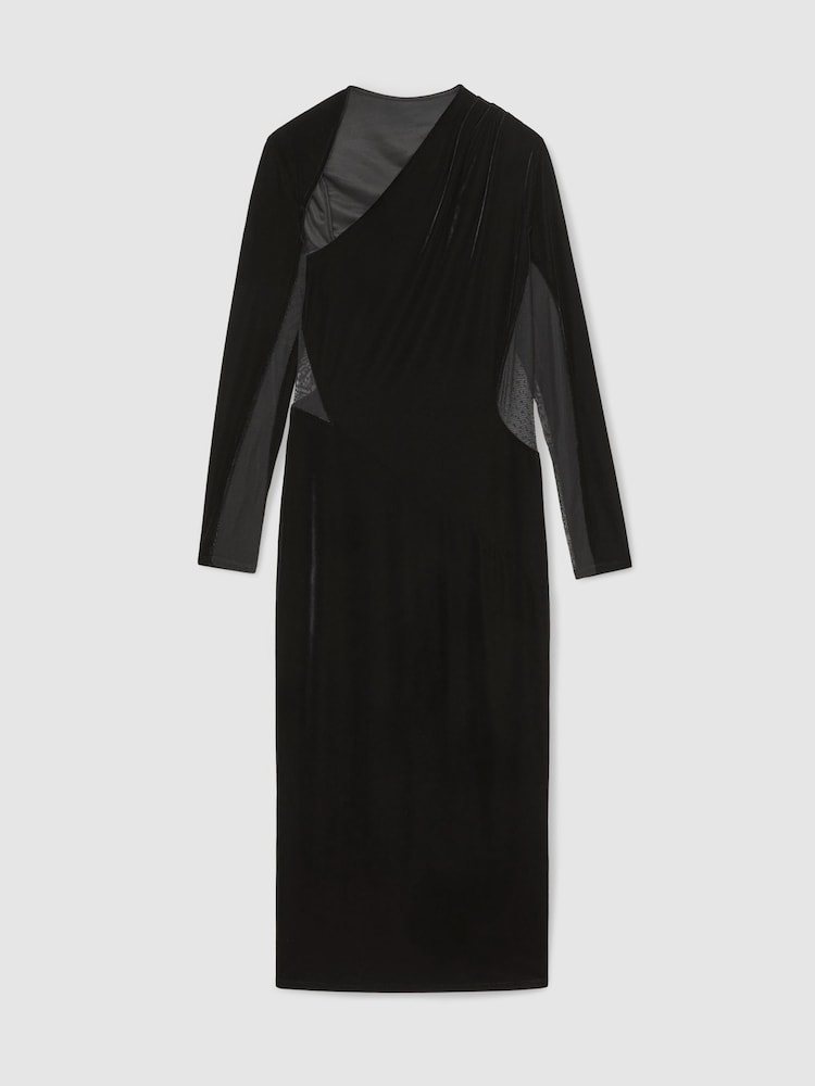 Reiss Black Kass Petite Velvet Sheer-Panel Cut-Out Midi Dress - Image 2 of 9 Reiss Black Kass Petite Velvet Sheer-Panel Cut-Out Midi Dress - Image 2 of 9